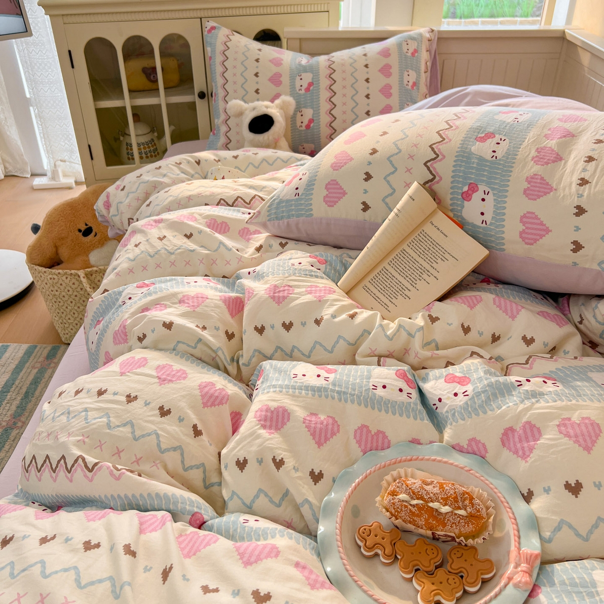 91家纺网 家纺一手货源 找家纺 冕悠家纺 2026新款超柔软105克卡通水洗棉四件套 提供买家秀 猫猫奶紫