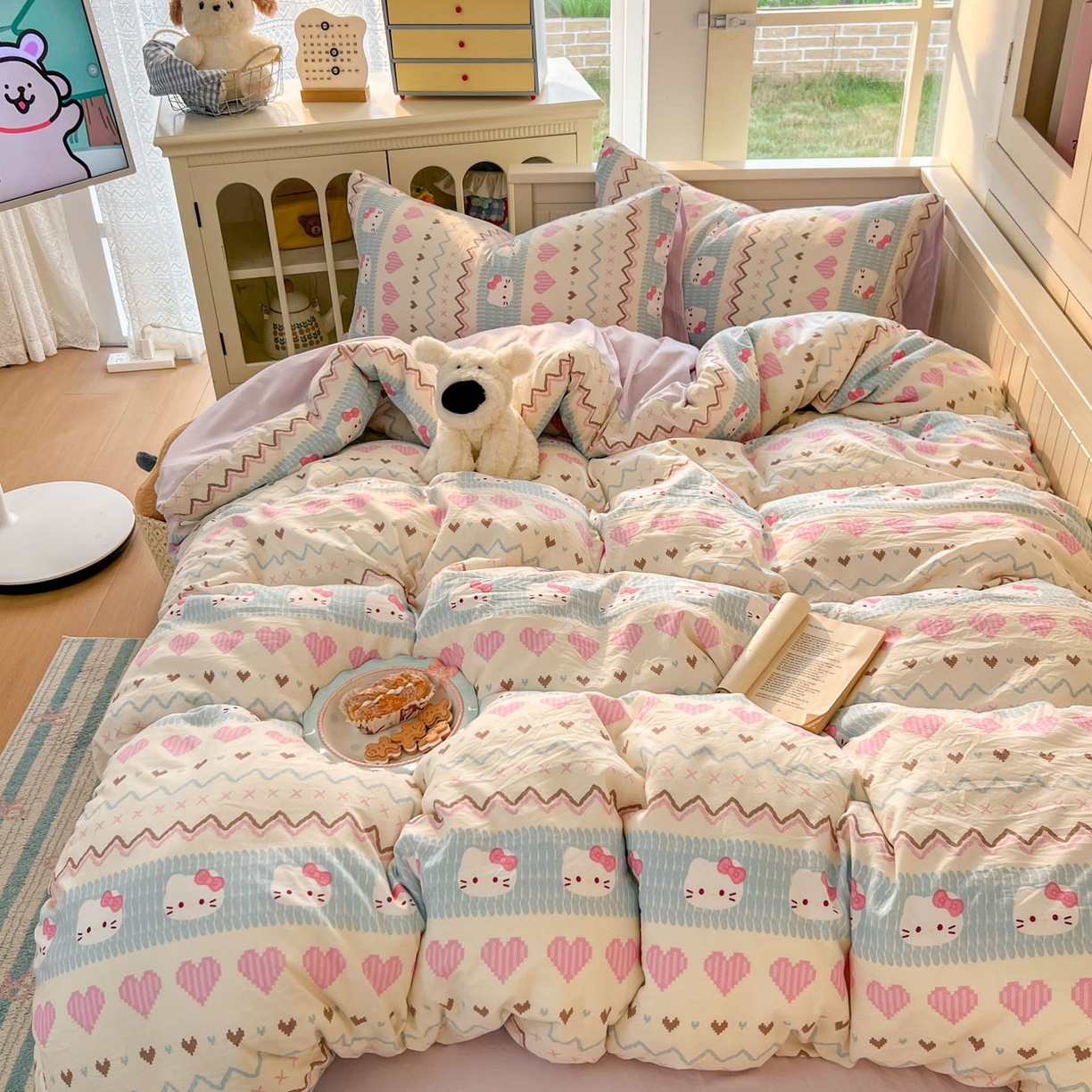 91家纺网 家纺一手货源 找家纺 冕悠家纺 2026新款超柔软105克卡通水洗棉四件套 提供买家秀 猫猫奶紫