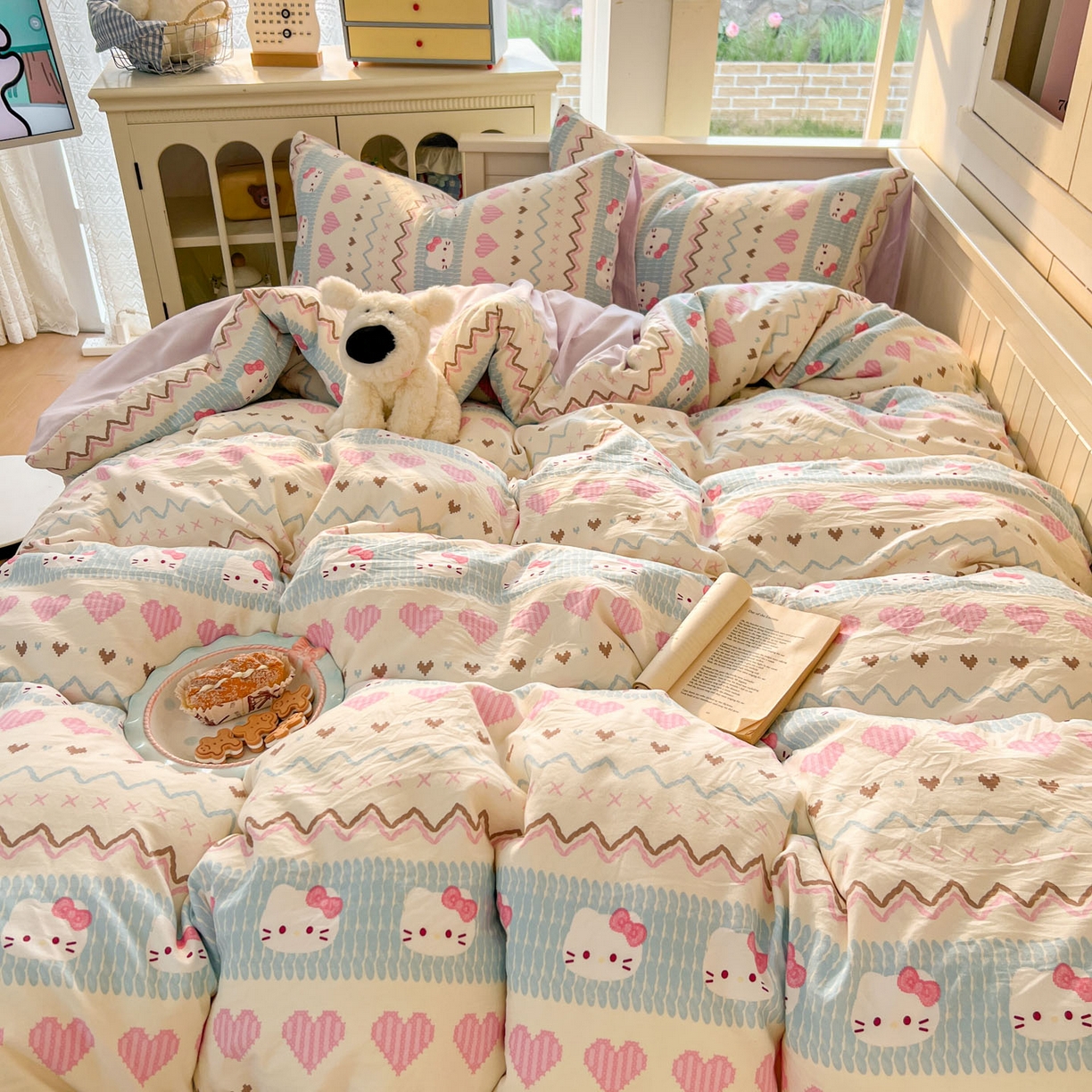 91家纺网 家纺一手货源 找家纺 冕悠家纺 2026新款超柔软105克卡通水洗棉四件套 提供买家秀 猫猫奶紫