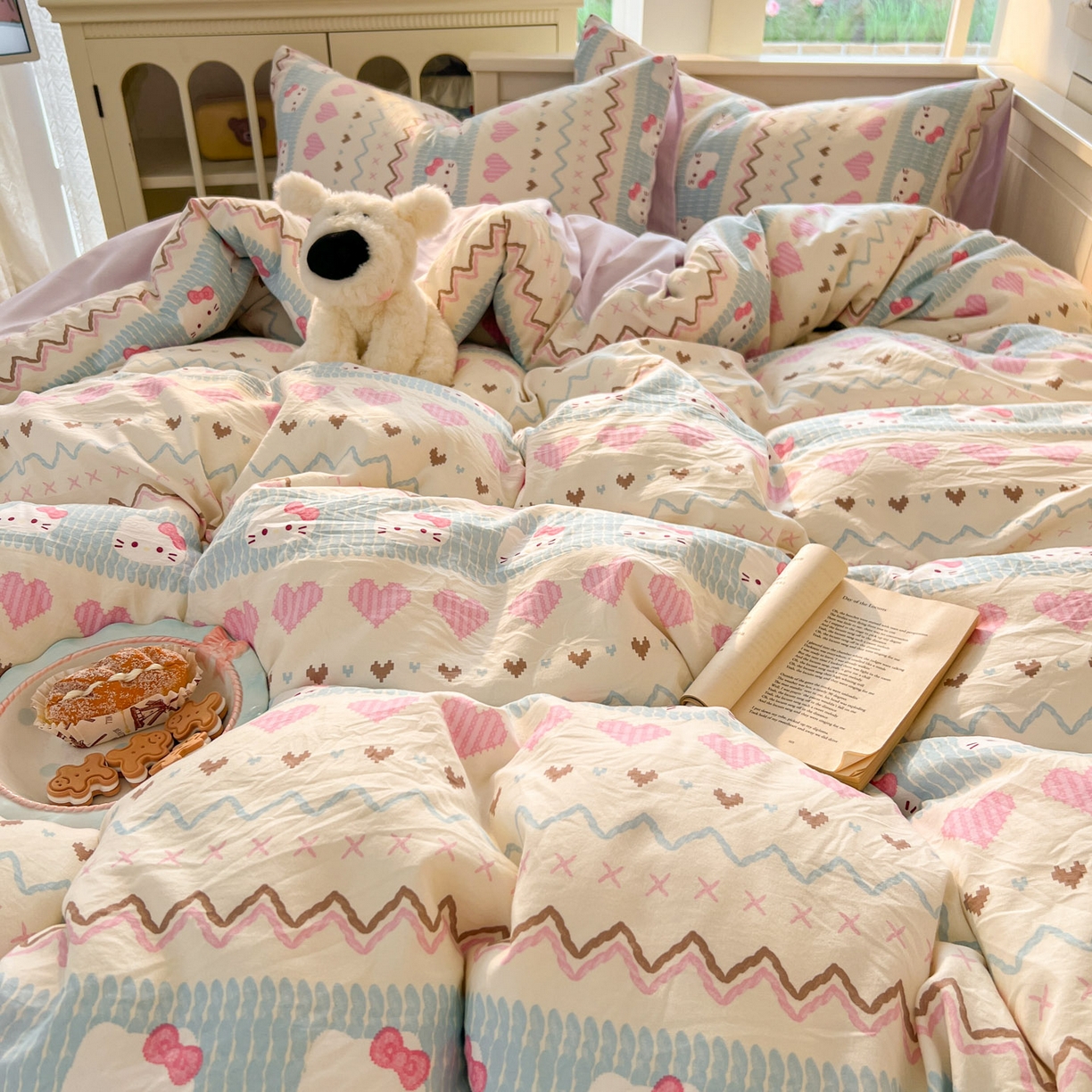 91家纺网 家纺一手货源 找家纺 冕悠家纺 2026新款超柔软105克卡通水洗棉四件套 提供买家秀 猫猫奶紫