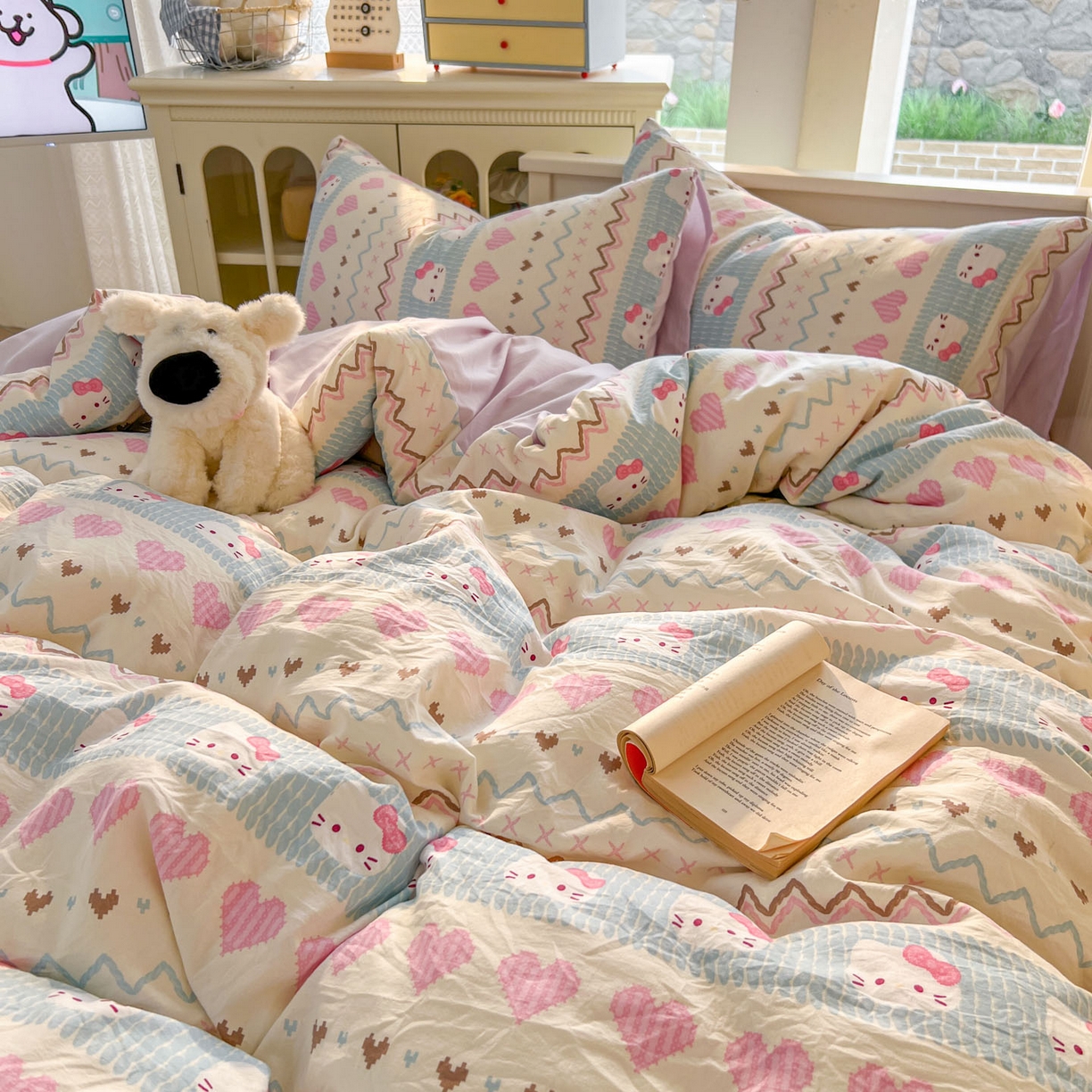 91家纺网 家纺一手货源 找家纺 冕悠家纺 2026新款超柔软105克卡通水洗棉四件套 提供买家秀 猫猫奶紫