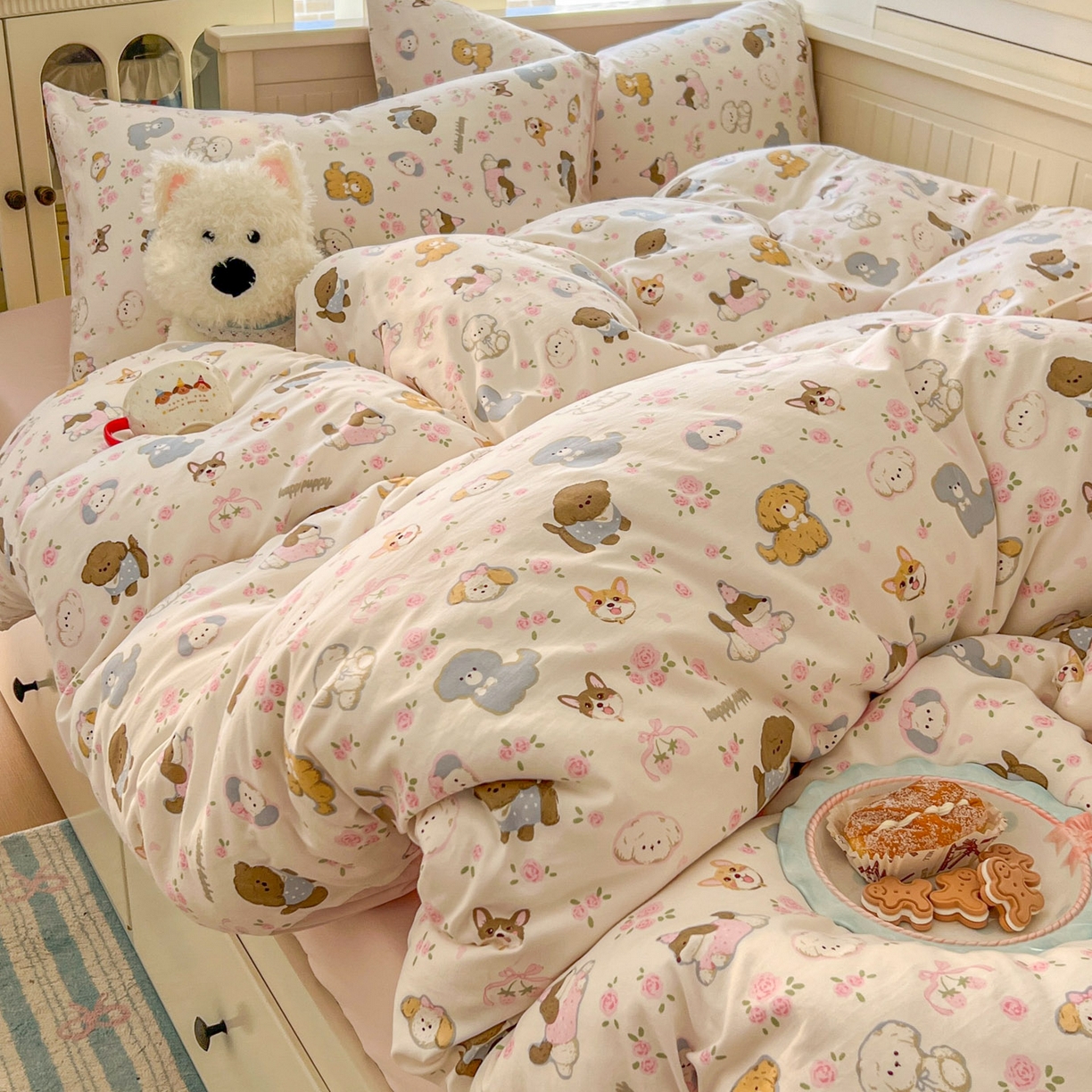 91家纺网 家纺一手货源 找家纺 冕悠家纺 2026新款超柔软105克卡通水洗棉四件套 提供买家秀 奶酪派派对