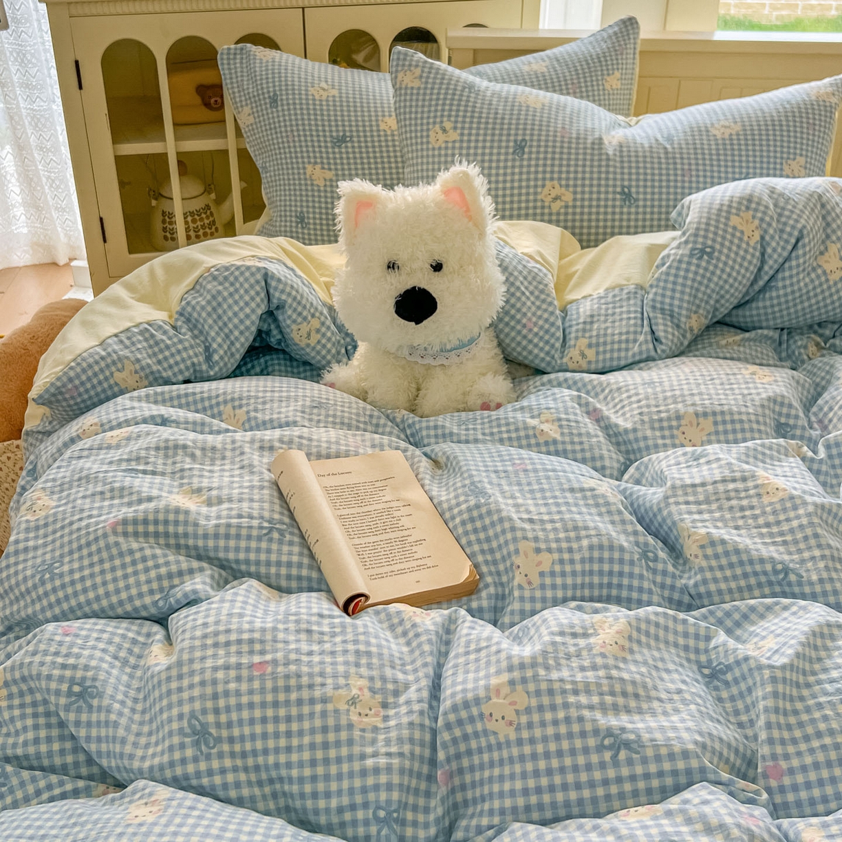 91家纺网 家纺一手货源 找家纺 冕悠家纺 2026新款超柔软105克卡通水洗棉四件套 提供买家秀 兔兔奶黄