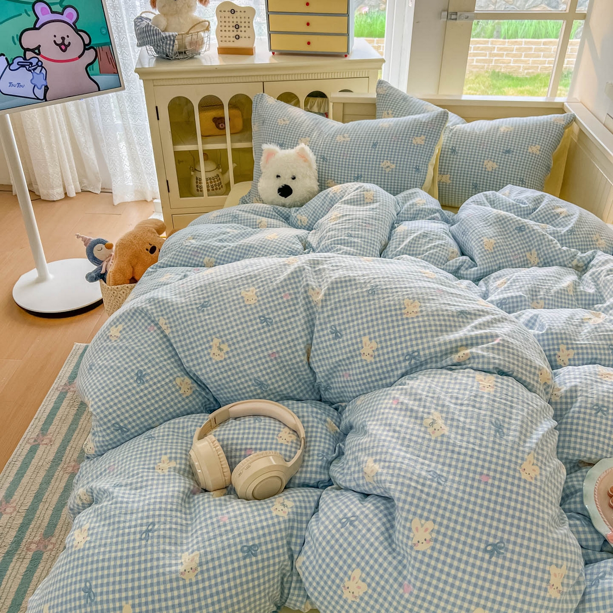 91家纺网 家纺一手货源 找家纺 冕悠家纺 2026新款超柔软105克卡通水洗棉四件套 提供买家秀 兔兔奶黄