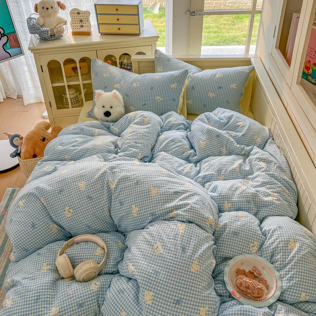 91家纺网 家纺一手货源 找家纺 冕悠家纺 2026新款超柔软105克卡通水洗棉四件套 提供买家秀 兔兔奶黄