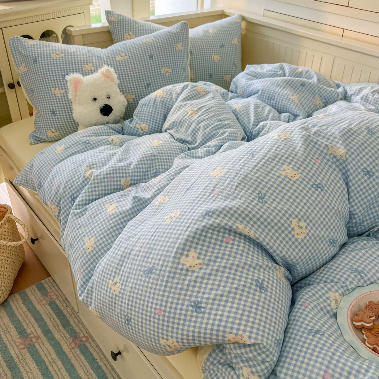 91家纺网 家纺一手货源 找家纺 冕悠家纺 2026新款超柔软105克卡通水洗棉四件套 提供买家秀 兔兔奶黄