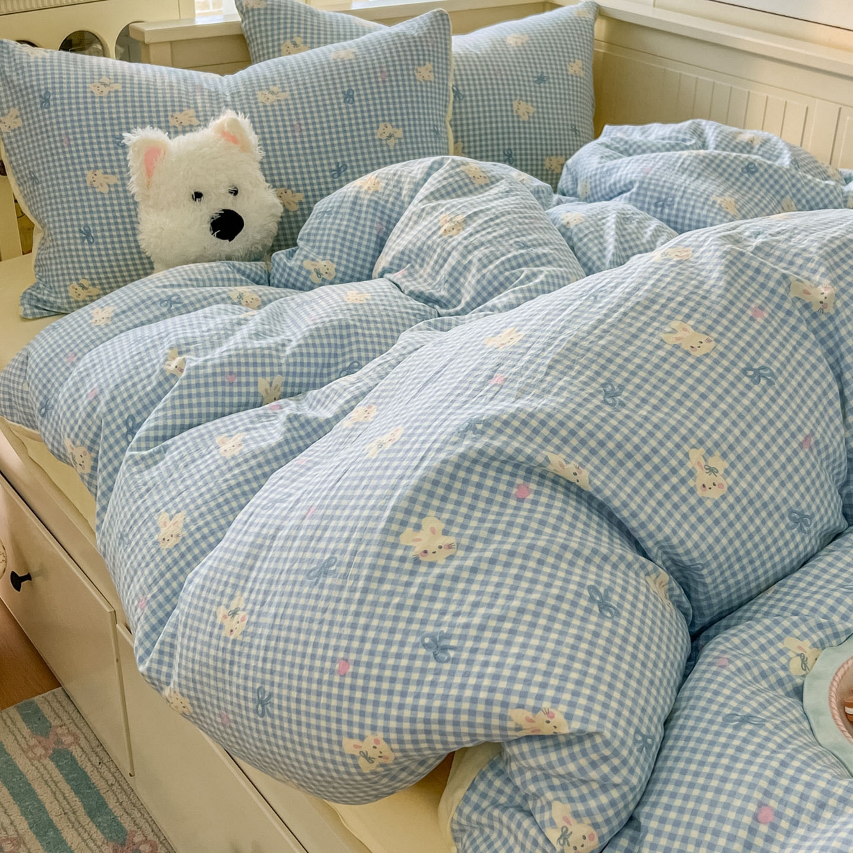 91家纺网 家纺一手货源 找家纺 冕悠家纺 2026新款超柔软105克卡通水洗棉四件套 提供买家秀 兔兔奶黄