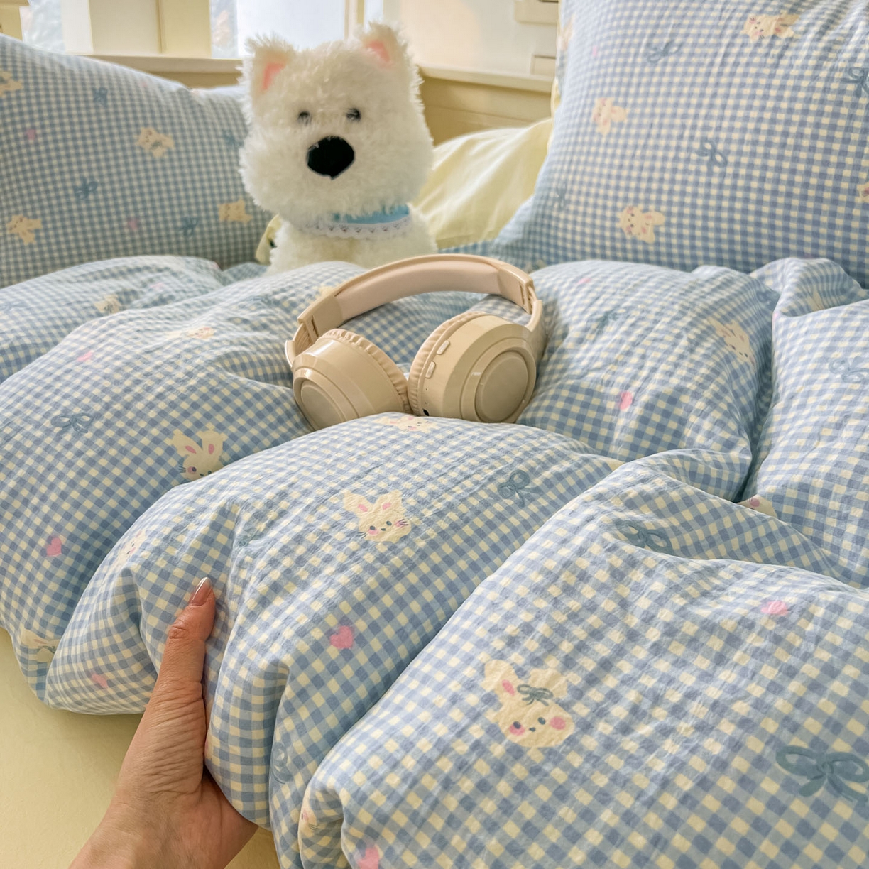 91家纺网 家纺一手货源 找家纺 冕悠家纺 2026新款超柔软105克卡通水洗棉四件套 提供买家秀 兔兔奶黄