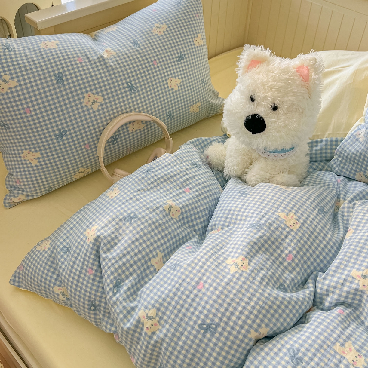 91家纺网 家纺一手货源 找家纺 冕悠家纺 2026新款超柔软105克卡通水洗棉四件套 提供买家秀 兔兔奶黄