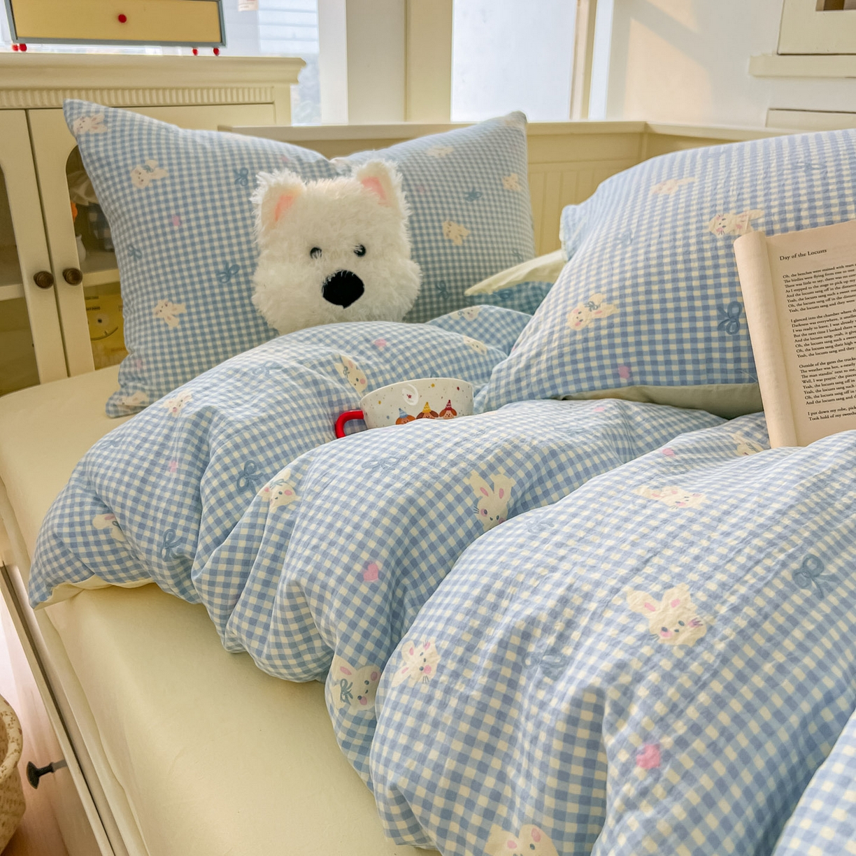 91家纺网 家纺一手货源 找家纺 冕悠家纺 2026新款超柔软105克卡通水洗棉四件套 提供买家秀 兔兔奶黄