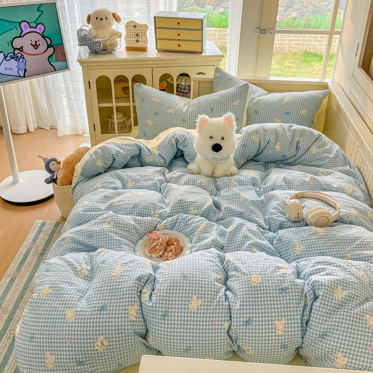 91家纺网 家纺一手货源 找家纺 冕悠家纺 2026新款超柔软105克卡通水洗棉四件套 提供买家秀 兔兔奶黄