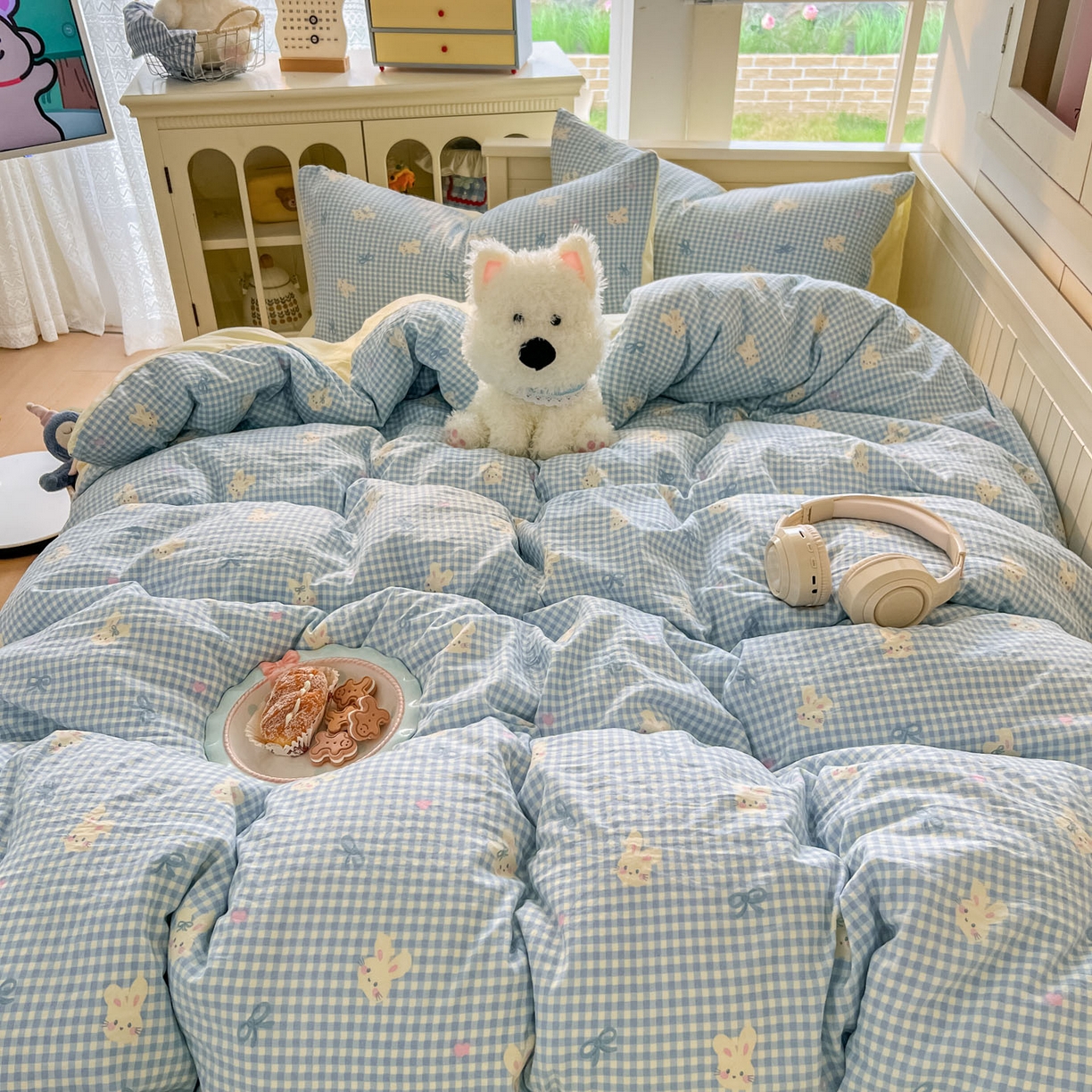 91家纺网 家纺一手货源 找家纺 冕悠家纺 2026新款超柔软105克卡通水洗棉四件套 提供买家秀 兔兔奶黄