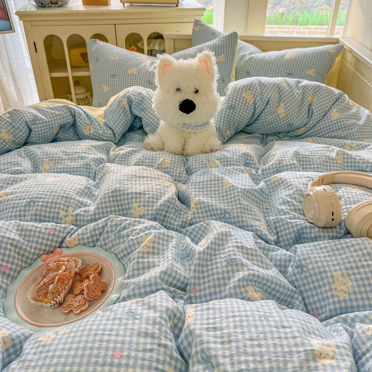 91家纺网 家纺一手货源 找家纺 冕悠家纺 2026新款超柔软105克卡通水洗棉四件套 提供买家秀 兔兔奶黄