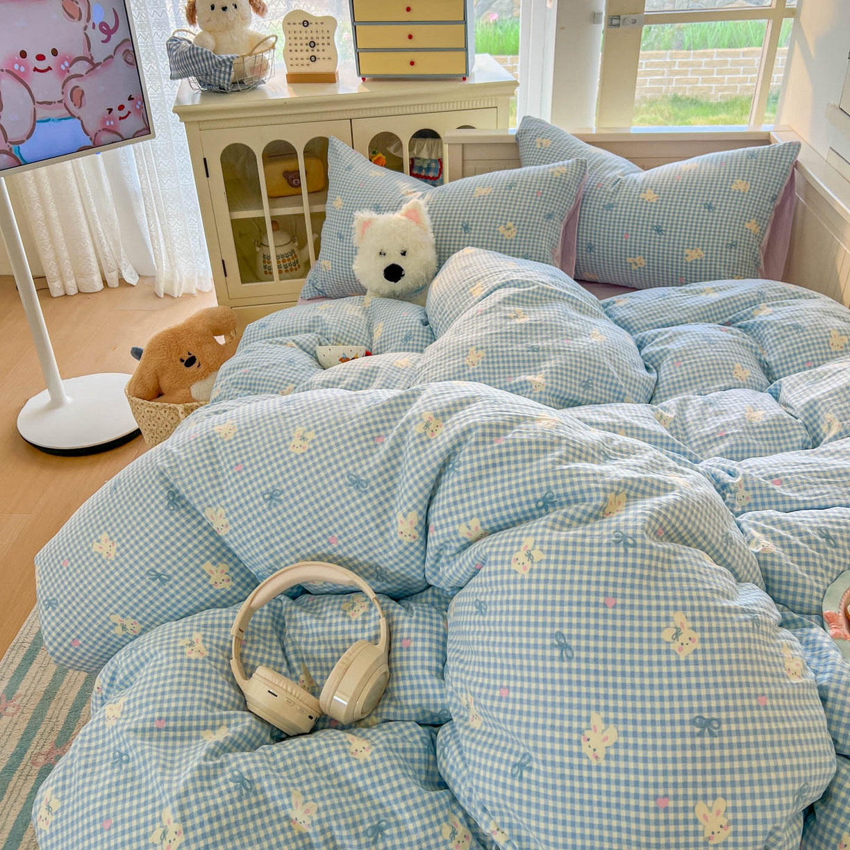 91家纺网 家纺一手货源 找家纺 冕悠家纺 2026新款超柔软105克卡通水洗棉四件套 提供买家秀 兔兔奶紫