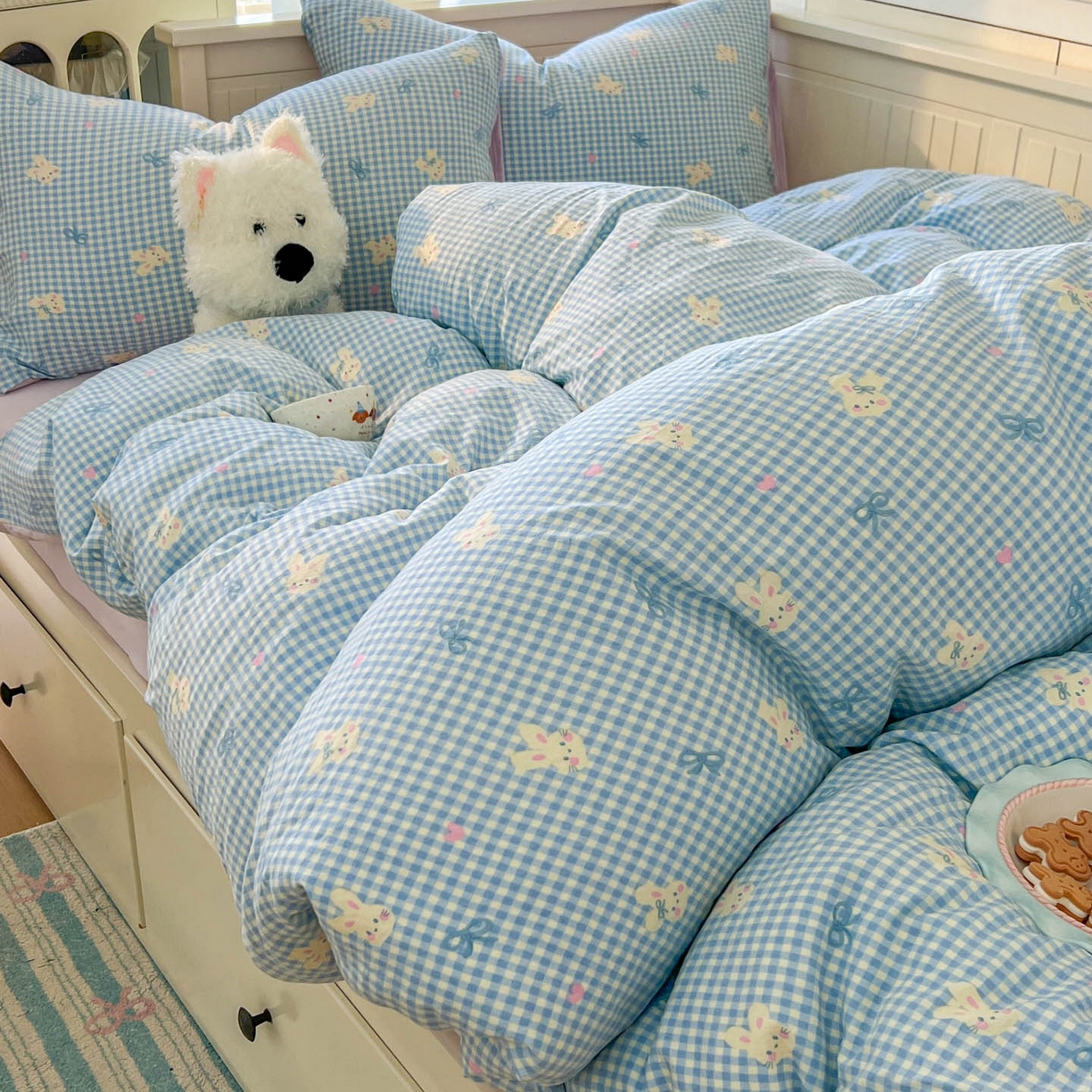 91家纺网 家纺一手货源 找家纺 冕悠家纺 2026新款超柔软105克卡通水洗棉四件套 提供买家秀 兔兔奶紫