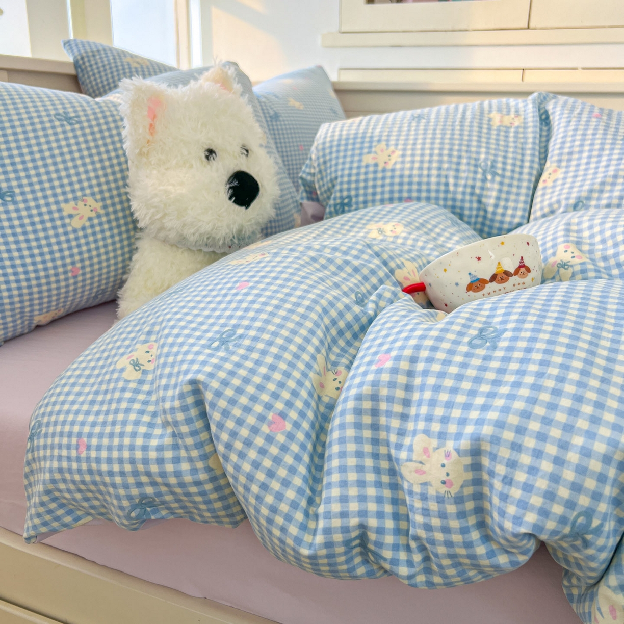 91家纺网 家纺一手货源 找家纺 冕悠家纺 2026新款超柔软105克卡通水洗棉四件套 提供买家秀 兔兔奶紫