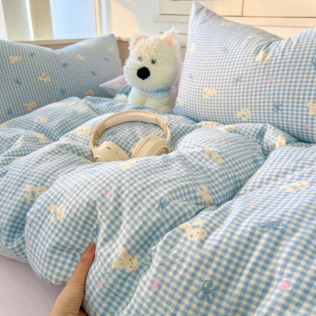 91家纺网 家纺一手货源 找家纺 冕悠家纺 2026新款超柔软105克卡通水洗棉四件套 提供买家秀 兔兔奶紫