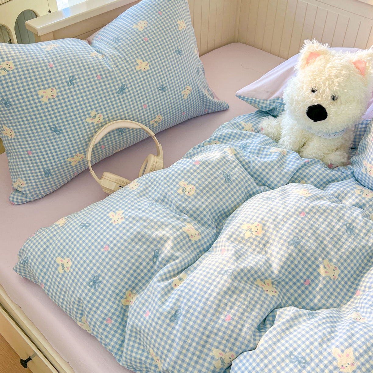 91家纺网 家纺一手货源 找家纺 冕悠家纺 2026新款超柔软105克卡通水洗棉四件套 提供买家秀 兔兔奶紫