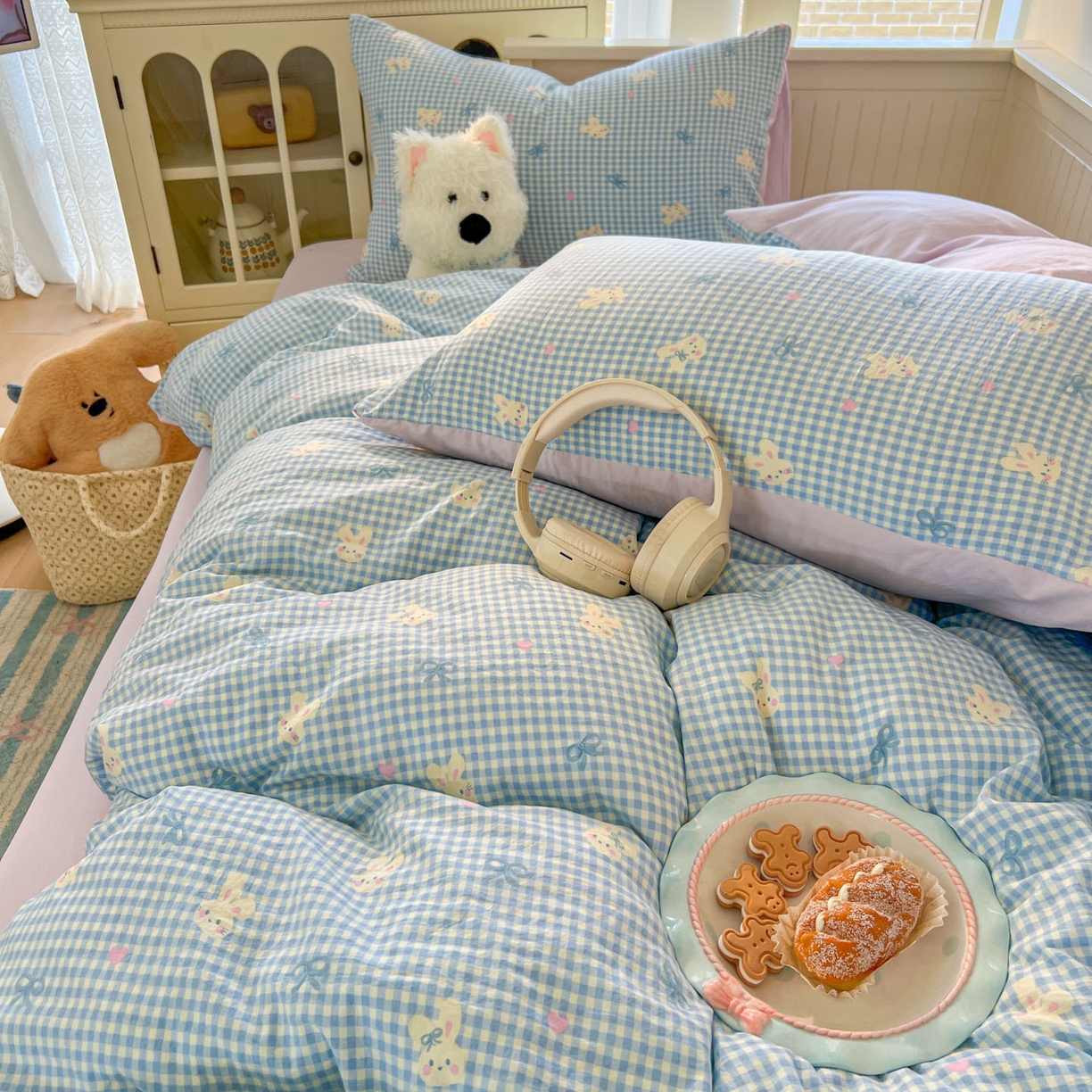 91家纺网 家纺一手货源 找家纺 冕悠家纺 2026新款超柔软105克卡通水洗棉四件套 提供买家秀 兔兔奶紫