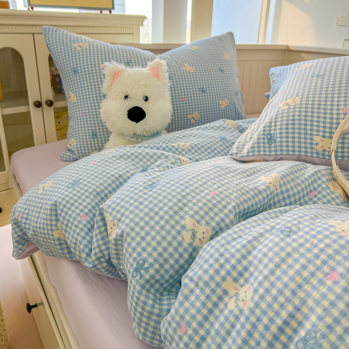 91家纺网 家纺一手货源 找家纺 冕悠家纺 2026新款超柔软105克卡通水洗棉四件套 提供买家秀 兔兔奶紫