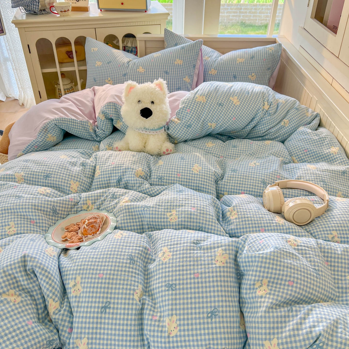 91家纺网 家纺一手货源 找家纺 冕悠家纺 2026新款超柔软105克卡通水洗棉四件套 提供买家秀 兔兔奶紫