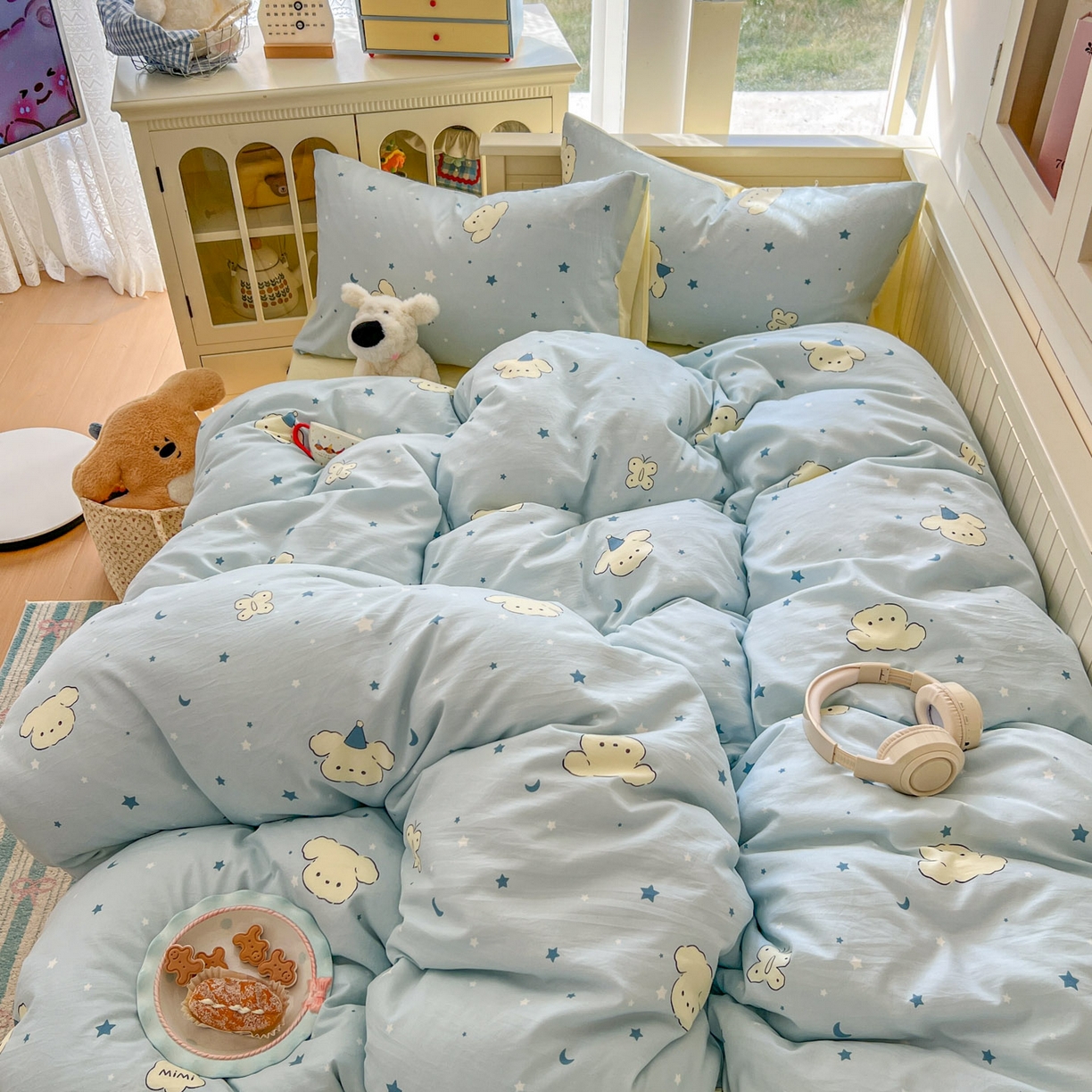 91家纺网 家纺一手货源 找家纺 冕悠家纺 2026新款超柔软105克卡通水洗棉四件套 提供买家秀 星月小狗