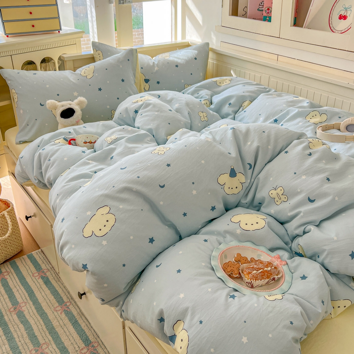 91家纺网 家纺一手货源 找家纺 冕悠家纺 2026新款超柔软105克卡通水洗棉四件套 提供买家秀 星月小狗