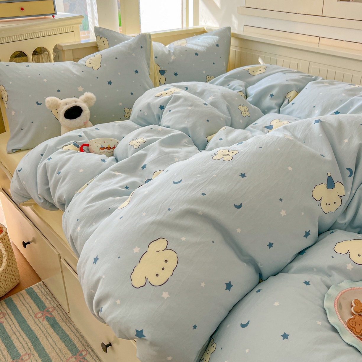 91家纺网 家纺一手货源 找家纺 冕悠家纺 2026新款超柔软105克卡通水洗棉四件套 提供买家秀 星月小狗