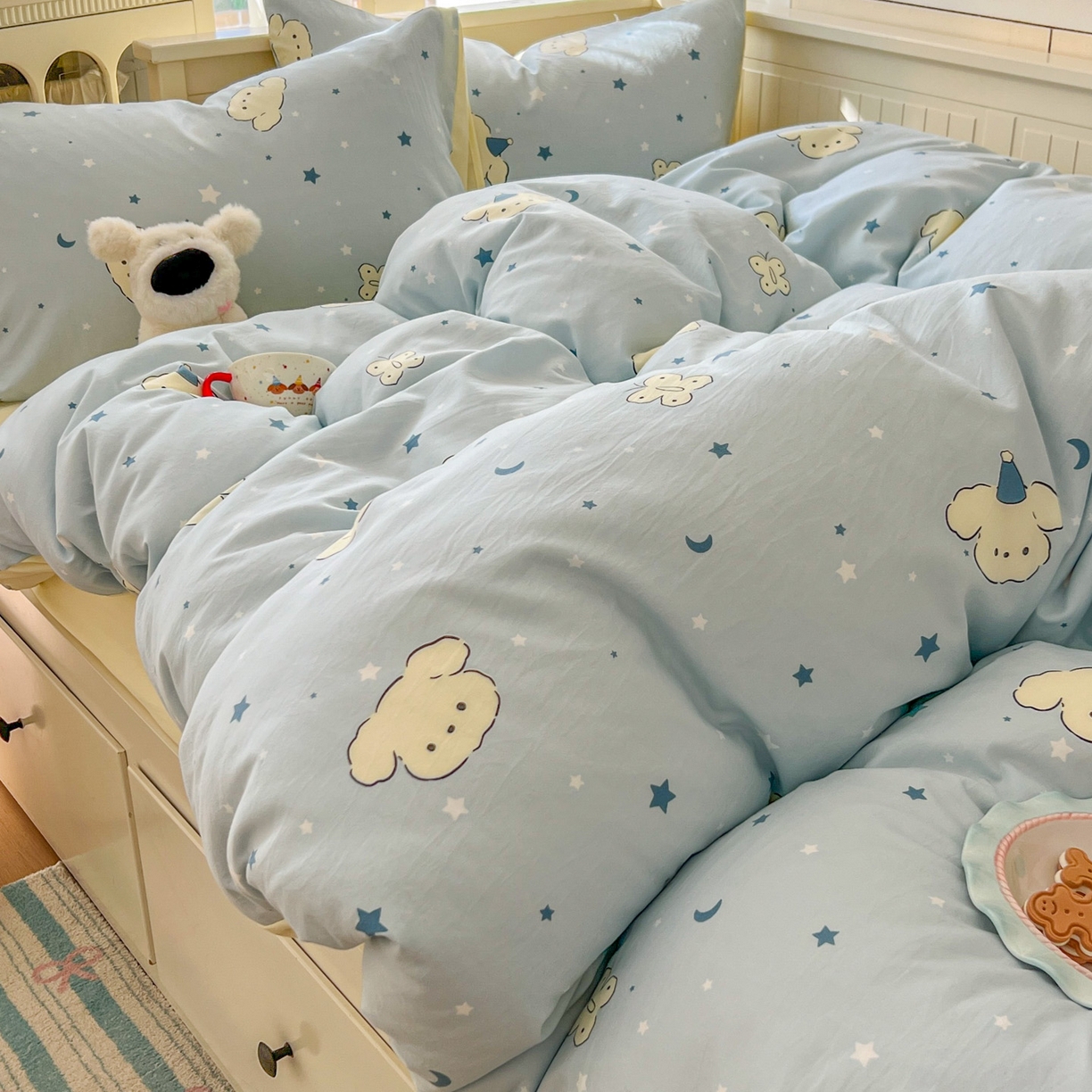 91家纺网 家纺一手货源 找家纺 冕悠家纺 2026新款超柔软105克卡通水洗棉四件套 提供买家秀 星月小狗