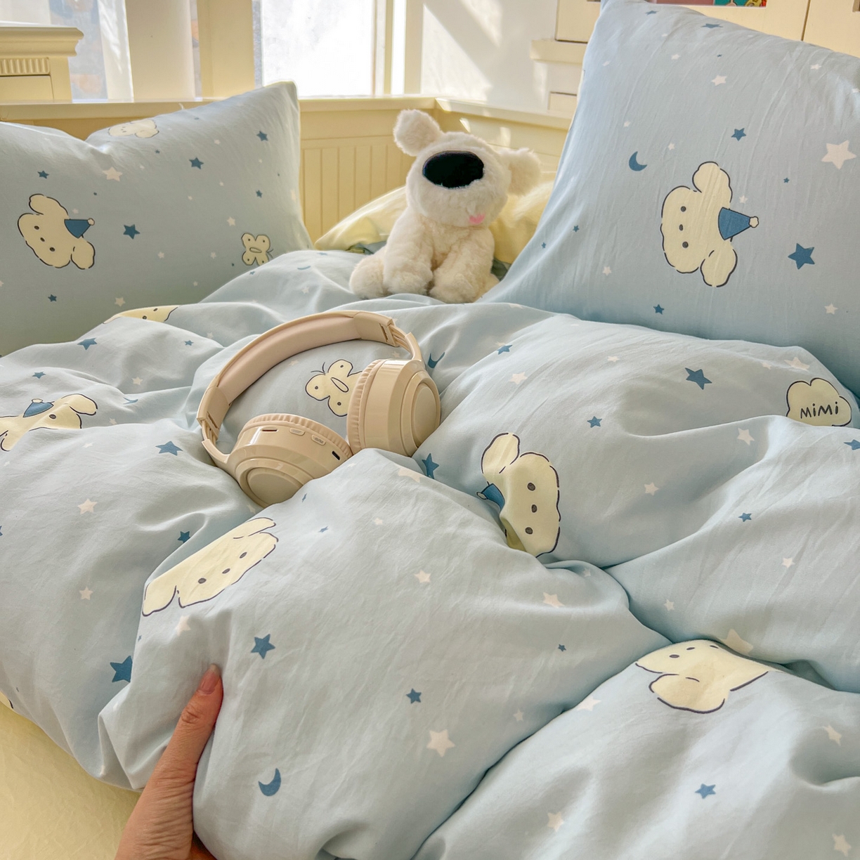 91家纺网 家纺一手货源 找家纺 冕悠家纺 2026新款超柔软105克卡通水洗棉四件套 提供买家秀 星月小狗