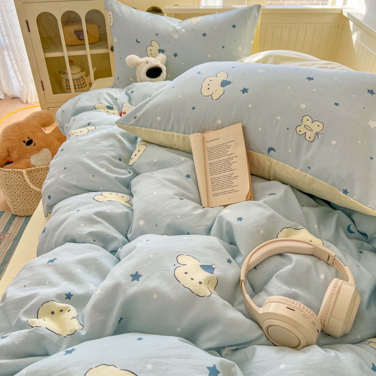 91家纺网 家纺一手货源 找家纺 冕悠家纺 2026新款超柔软105克卡通水洗棉四件套 提供买家秀 星月小狗