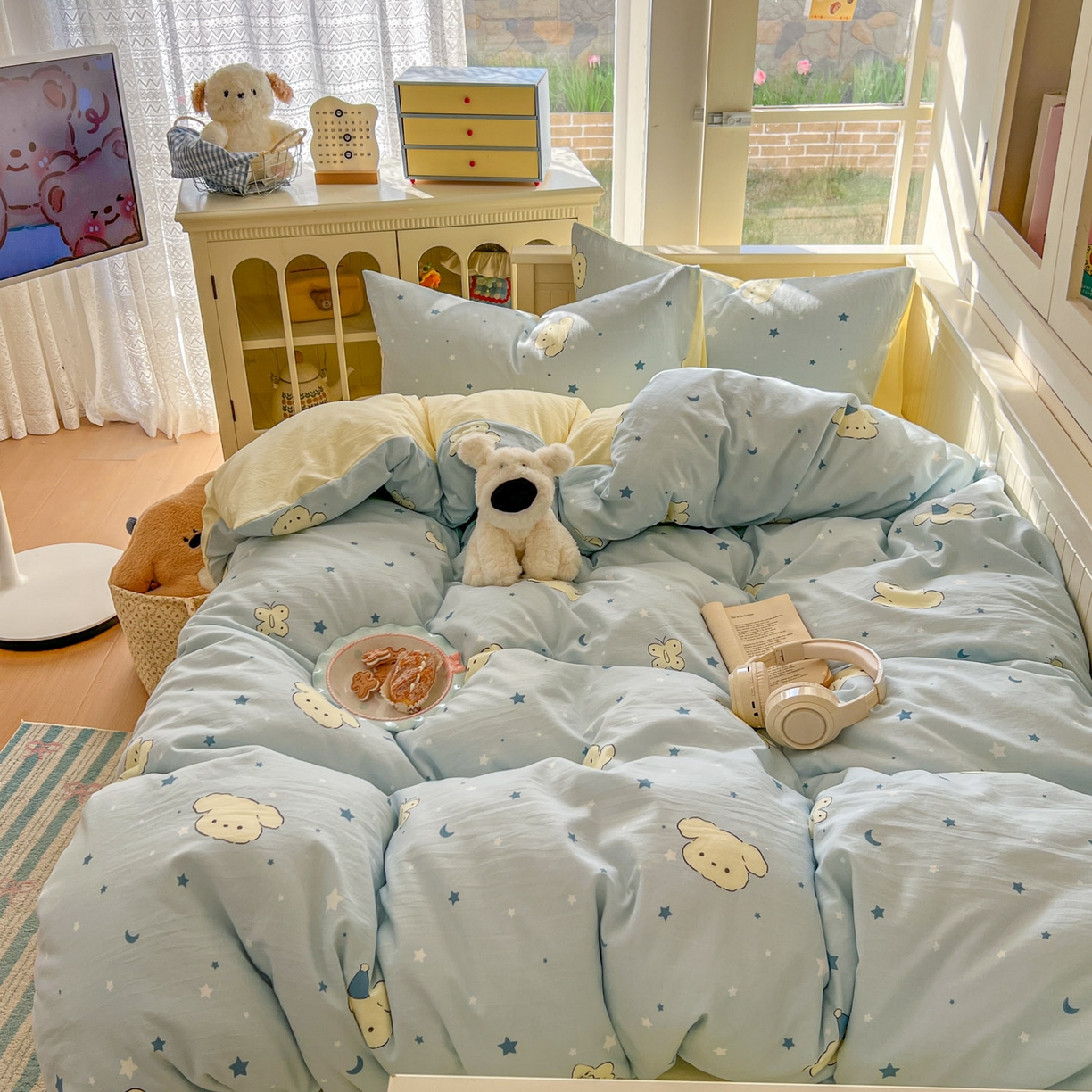 91家纺网 家纺一手货源 找家纺 冕悠家纺 2026新款超柔软105克卡通水洗棉四件套 提供买家秀 星月小狗