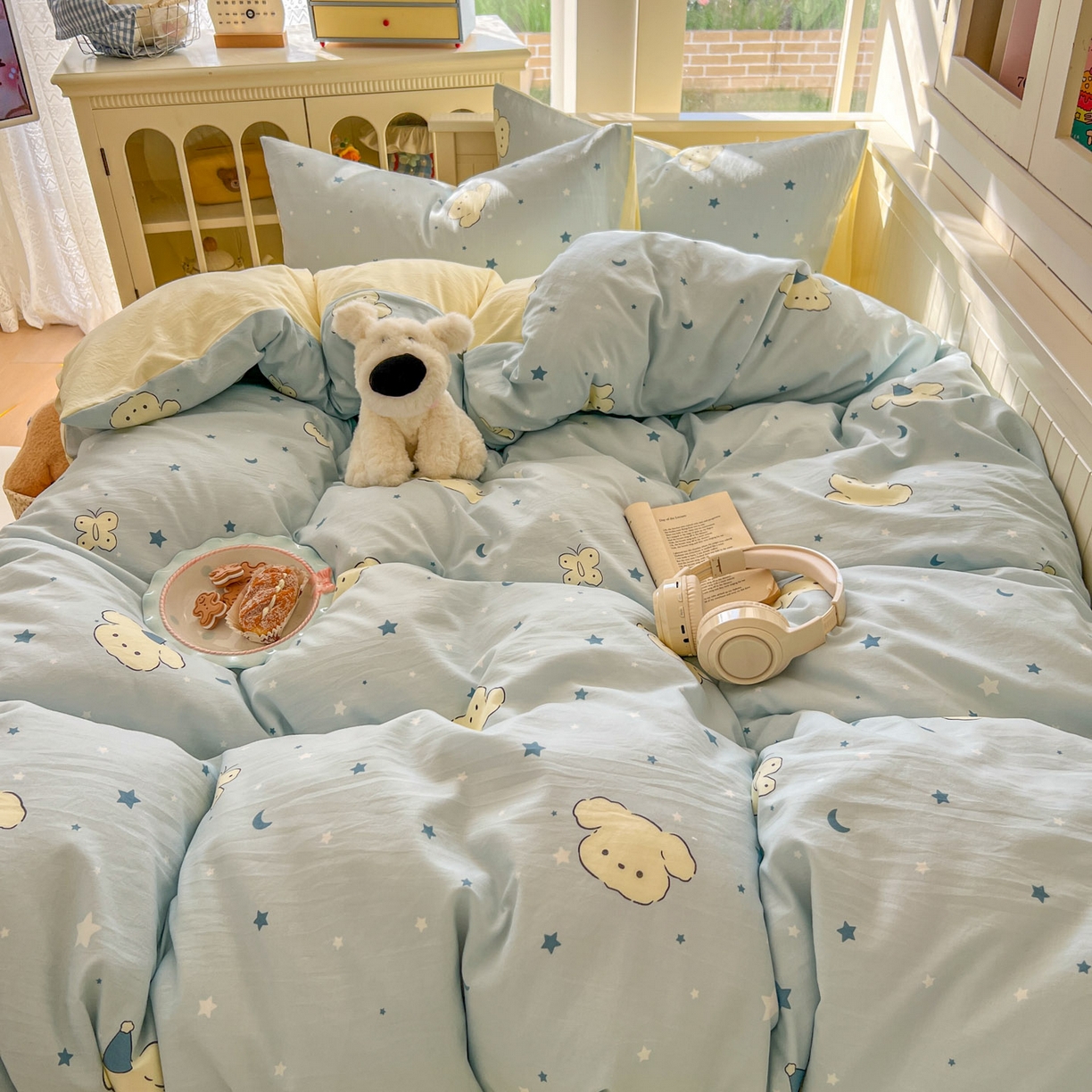 91家纺网 家纺一手货源 找家纺 冕悠家纺 2026新款超柔软105克卡通水洗棉四件套 提供买家秀 星月小狗