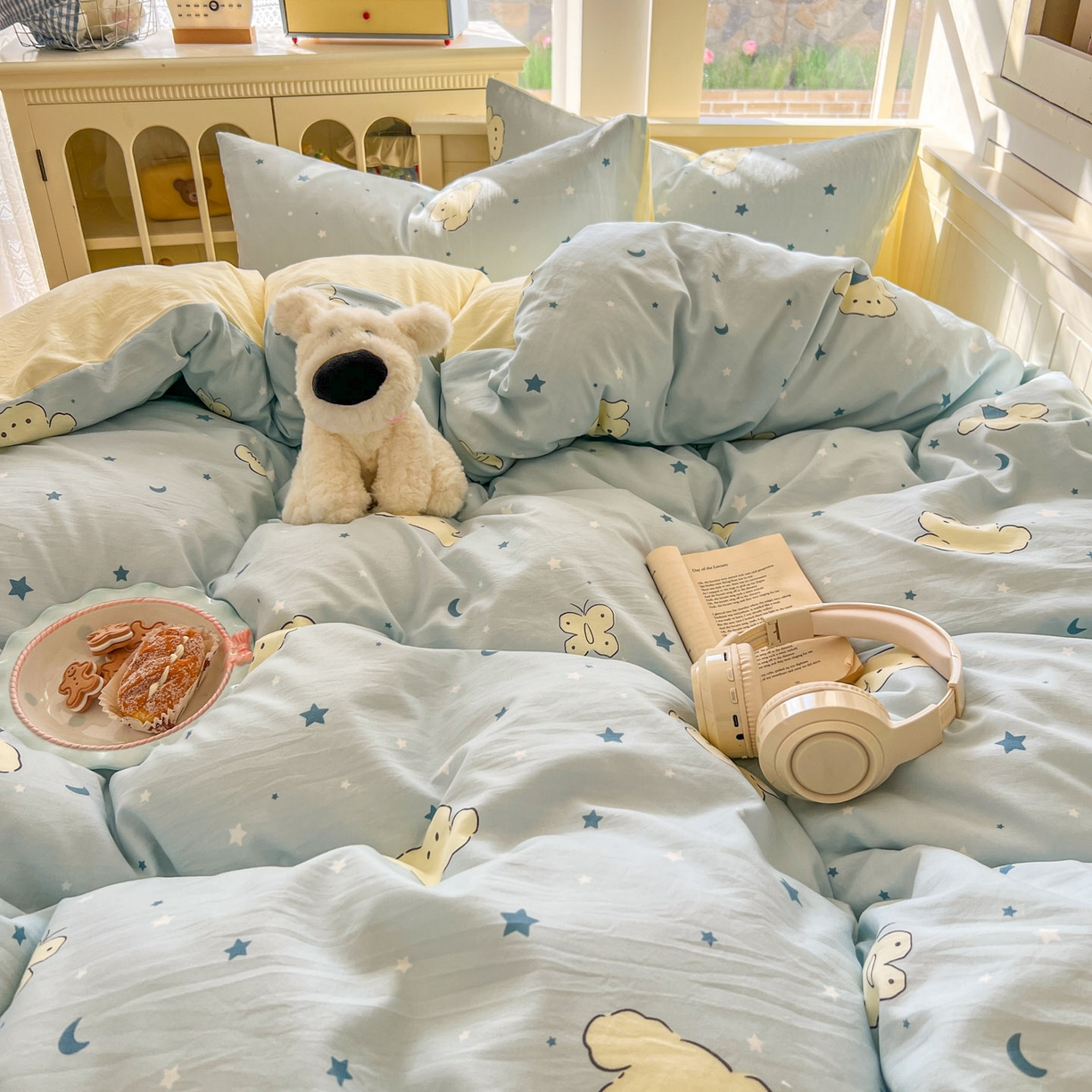 91家纺网 家纺一手货源 找家纺 冕悠家纺 2026新款超柔软105克卡通水洗棉四件套 提供买家秀 星月小狗