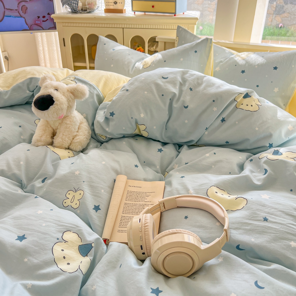 91家纺网 家纺一手货源 找家纺 冕悠家纺 2026新款超柔软105克卡通水洗棉四件套 提供买家秀 星月小狗