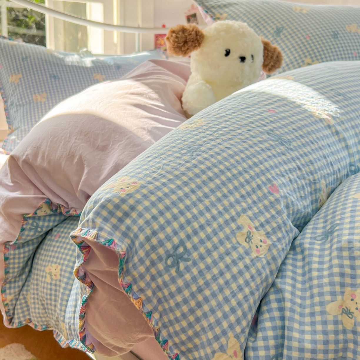 91家纺网 家纺一手货源 找家纺 （总）冕悠家纺 2026新款超柔软卡通七彩贝壳边水洗棉四件套 提供买家秀