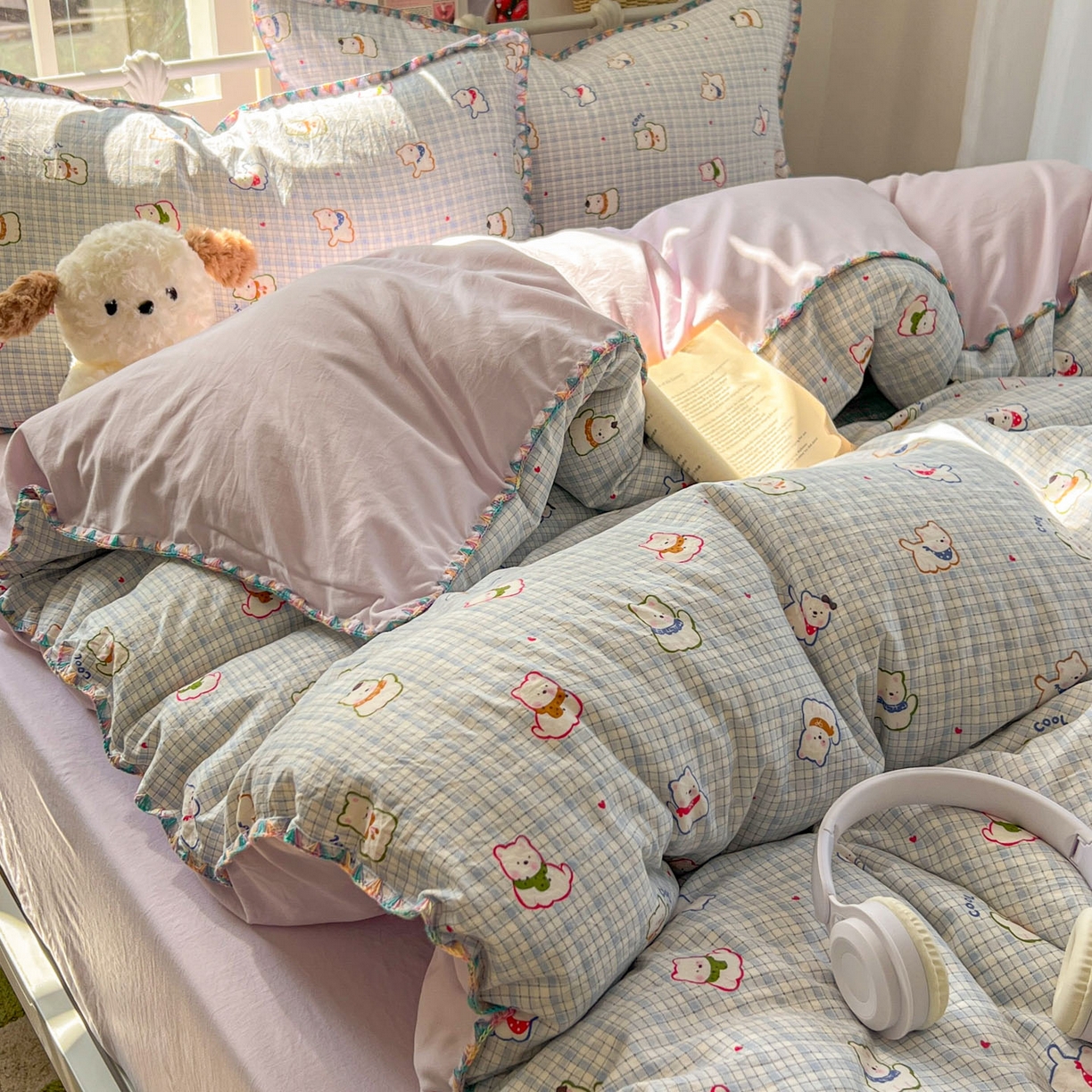 91家纺网 家纺一手货源 找家纺 （总）冕悠家纺 2026新款超柔软卡通七彩贝壳边水洗棉四件套 提供买家秀