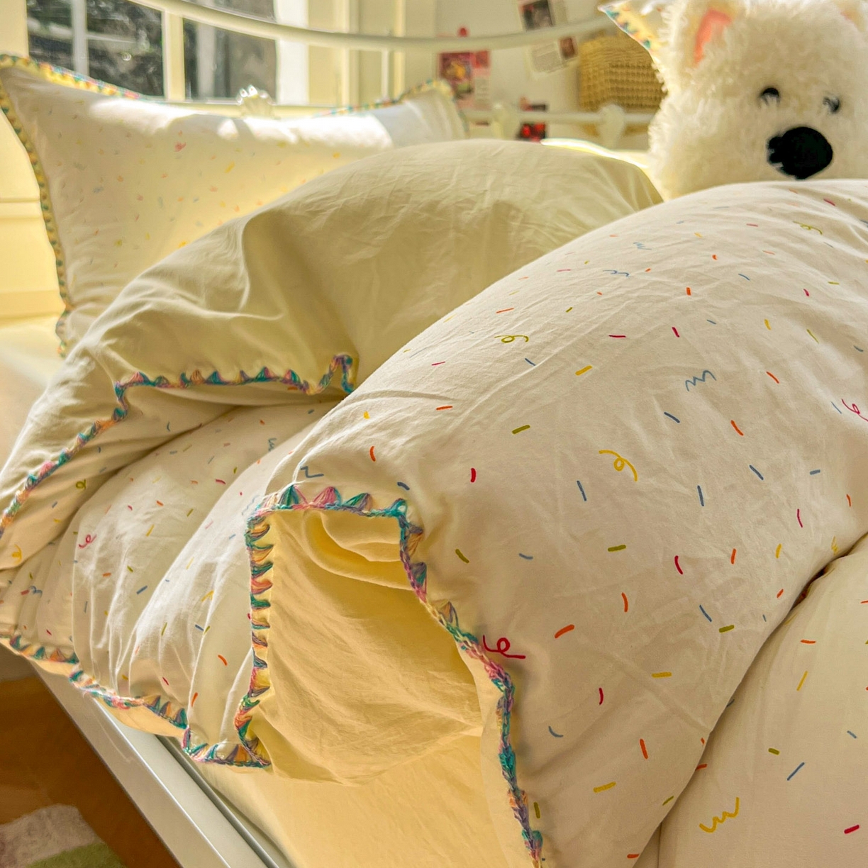 91家纺网 家纺一手货源 找家纺 （总）冕悠家纺 2026新款超柔软卡通七彩贝壳边水洗棉四件套 提供买家秀