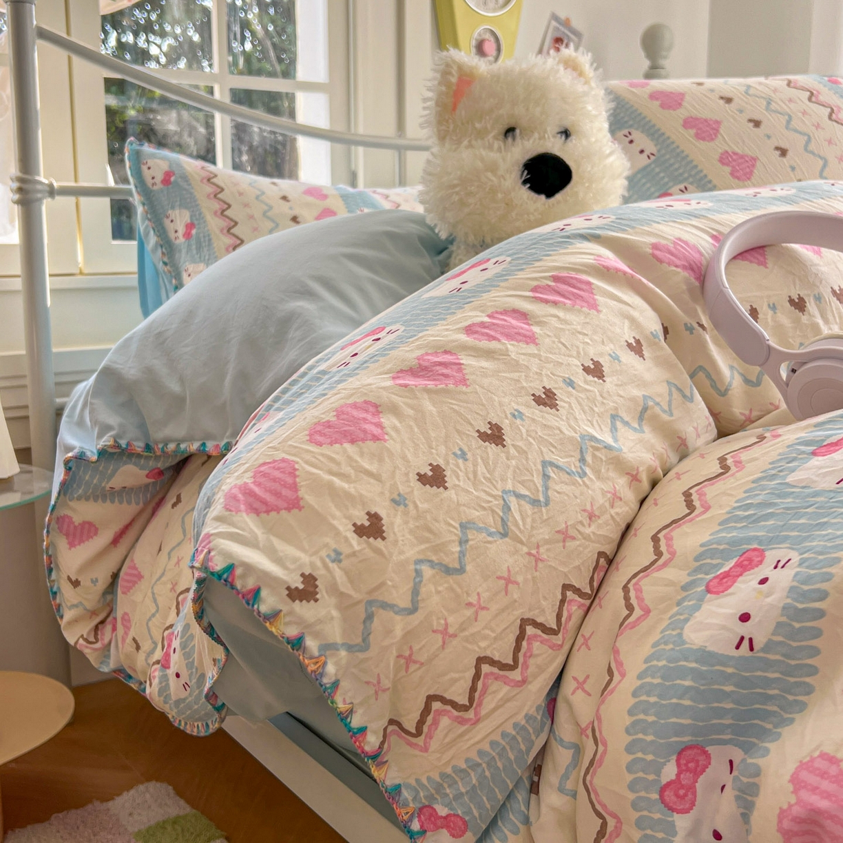 91家纺网 家纺一手货源 找家纺 （总）冕悠家纺 2026新款超柔软卡通七彩贝壳边水洗棉四件套 提供买家秀