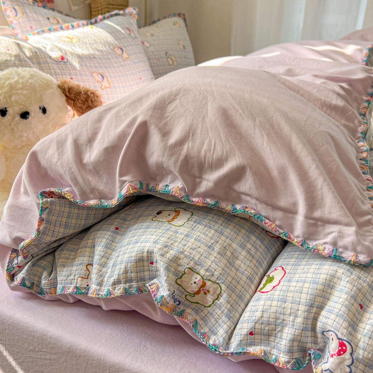 91家纺网 家纺一手货源 找家纺 （总）冕悠家纺 2026新款超柔软卡通七彩贝壳边水洗棉四件套 提供买家秀