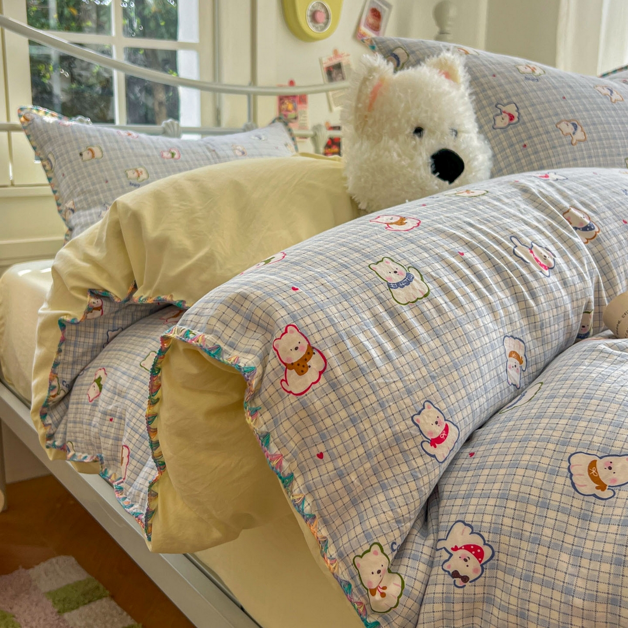 91家纺网 家纺一手货源 找家纺 （总）冕悠家纺 2026新款超柔软卡通七彩贝壳边水洗棉四件套 提供买家秀