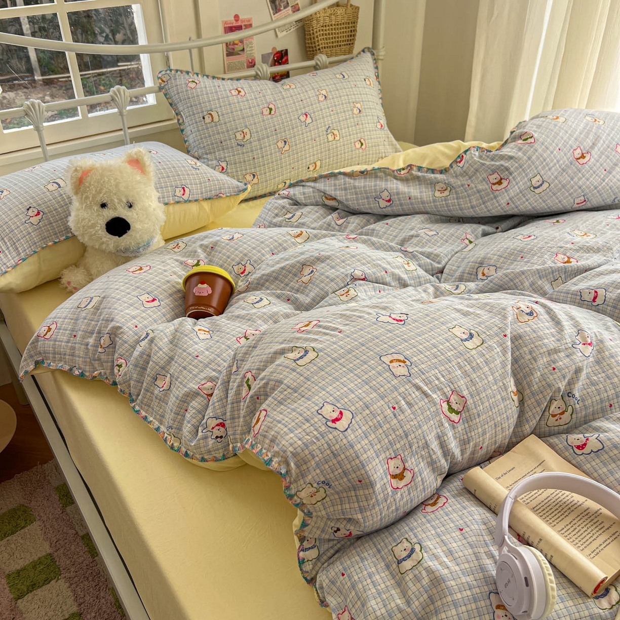 91家纺网 家纺一手货源 找家纺 冕悠家纺 2026新款超柔软卡通七彩贝壳边水洗棉四件套 提供买家秀 七彩-狗狗奶黄