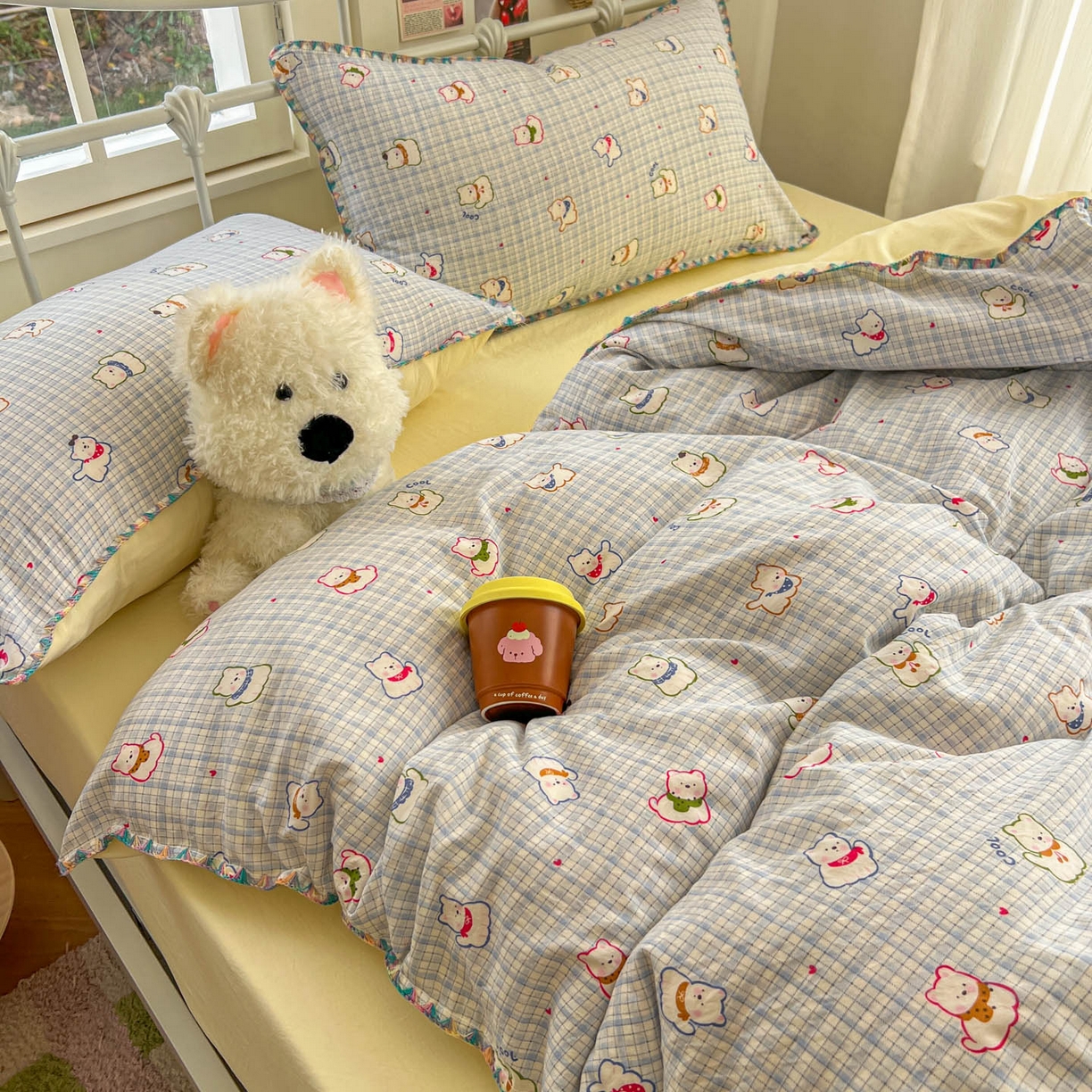 91家纺网 家纺一手货源 找家纺 冕悠家纺 2026新款超柔软卡通七彩贝壳边水洗棉四件套 提供买家秀 七彩-狗狗奶黄