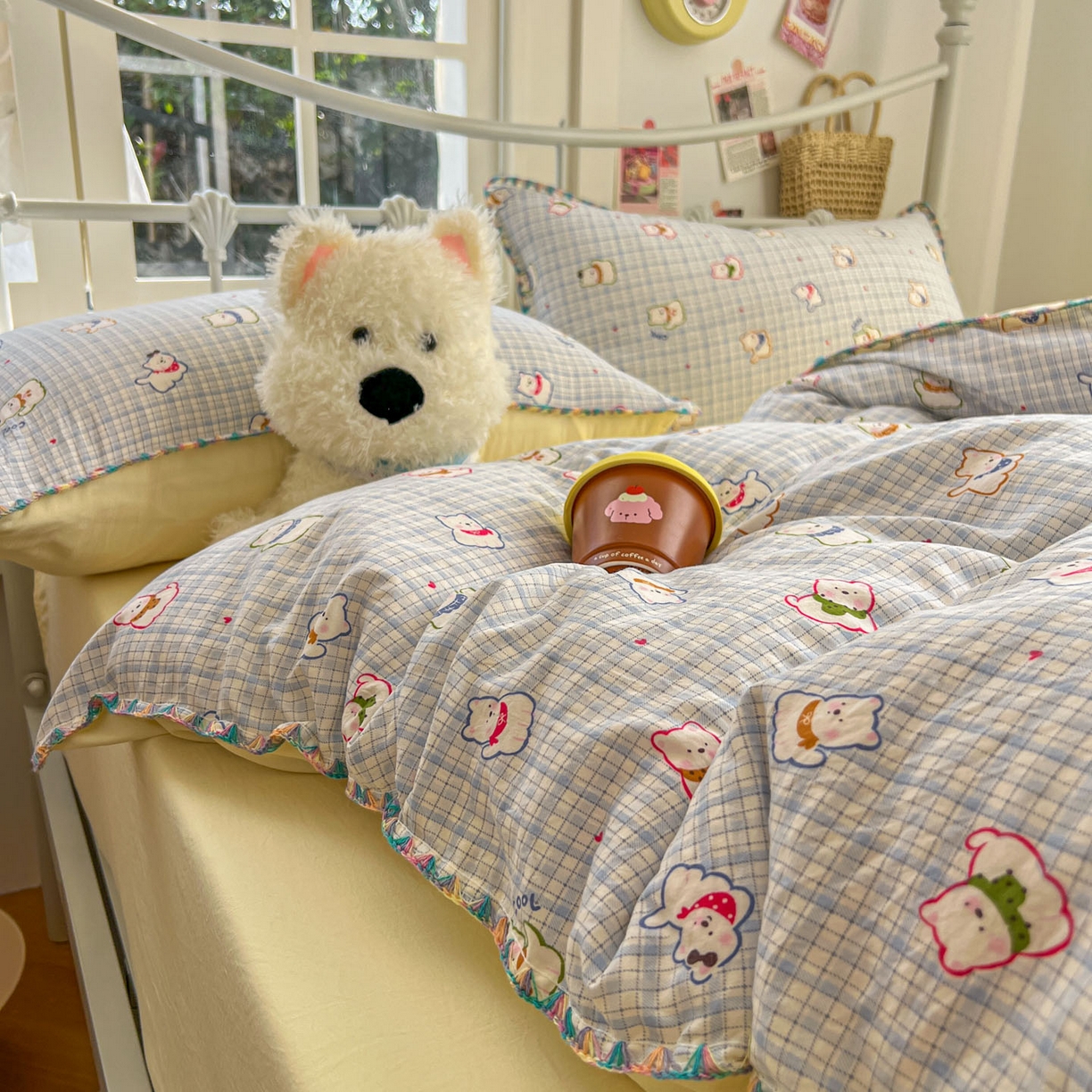 91家纺网 家纺一手货源 找家纺 冕悠家纺 2026新款超柔软卡通七彩贝壳边水洗棉四件套 提供买家秀 七彩-狗狗奶黄