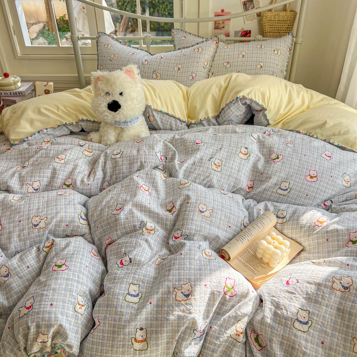 91家纺网 家纺一手货源 找家纺 冕悠家纺 2026新款超柔软卡通七彩贝壳边水洗棉四件套 提供买家秀 七彩-狗狗奶黄