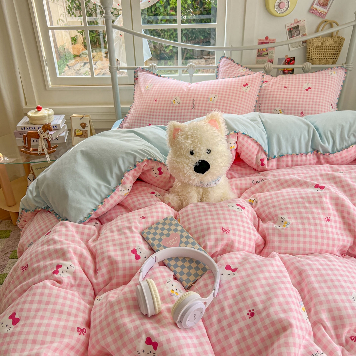 91家纺网 家纺一手货源 找家纺 冕悠家纺 2026新款超柔软卡通七彩贝壳边水洗棉四件套 提供买家秀 七彩-粉猫奶蓝