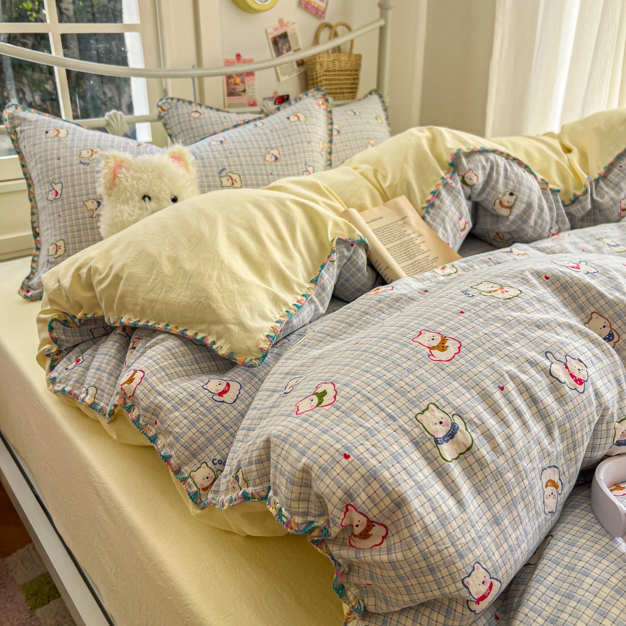 91家纺网 家纺一手货源 找家纺 冕悠家纺 2026新款超柔软卡通七彩贝壳边水洗棉四件套 提供买家秀 七彩-狗狗奶黄