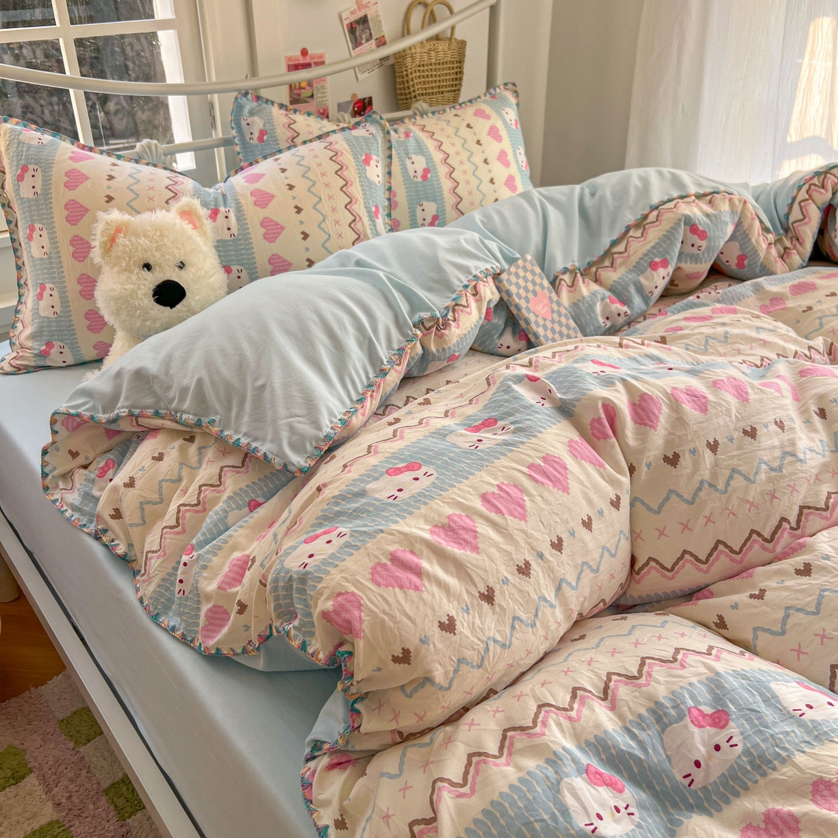 91家纺网 家纺一手货源 找家纺 冕悠家纺 2026新款超柔软卡通七彩贝壳边水洗棉四件套 提供买家秀 七彩-猫猫奶蓝