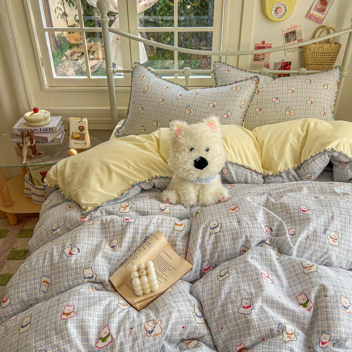 91家纺网 家纺一手货源 找家纺 冕悠家纺 2026新款超柔软卡通七彩贝壳边水洗棉四件套 提供买家秀 七彩-狗狗奶黄