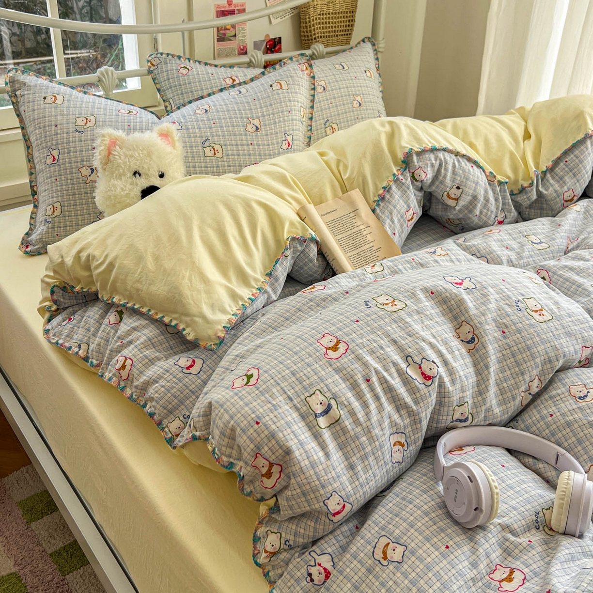 91家纺网 家纺一手货源 找家纺 冕悠家纺 2026新款超柔软卡通七彩贝壳边水洗棉四件套 提供买家秀 七彩-狗狗奶黄